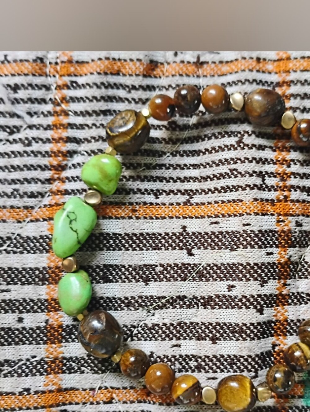 Large Tiger Eye and Green Turquoise Stretch Bracelet - Picture 2 of 6